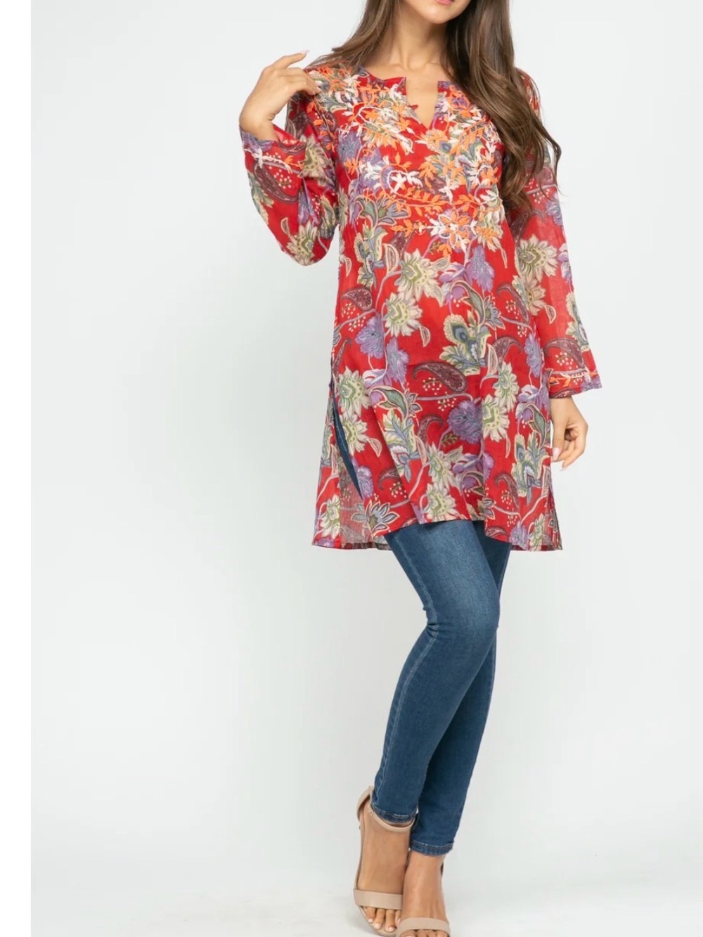 Raj Red Floral Split-Neck Tunic